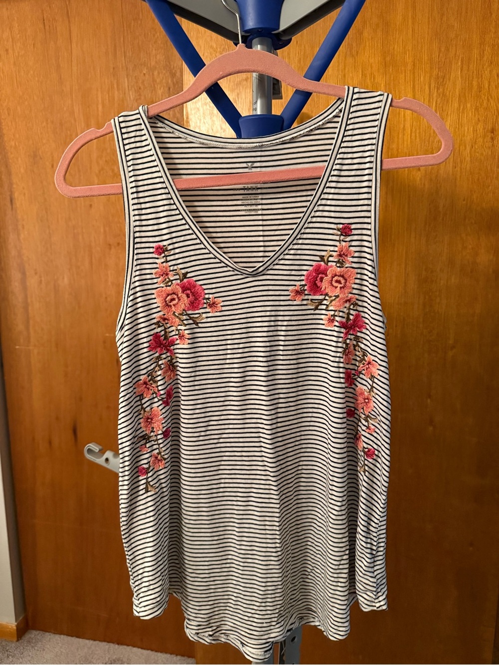 American Eagle Outfitters Black & White Striped Tank with Pink Floral Embroidery